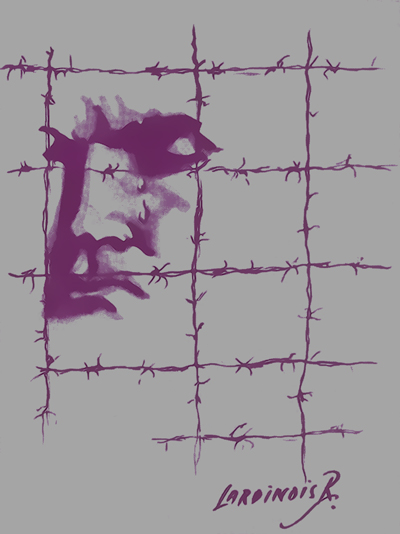 Picture of a suffering man in concentration camp originally painted by  Belgian artist Lardinois